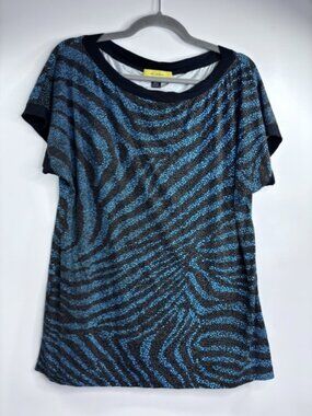 St. John Knit Short Sleeve Top Abstract Zebra Print Blue/Black Size M